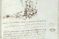 Dessin de machine volante. Manuscrit de Leonard de Vinci  (Leonardo da Vinci, 1452-1519), XVIe siecle. Paris, Bibliotheque de l'Institut