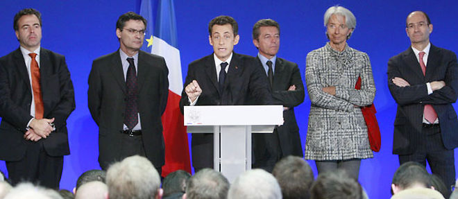 Luc Chatel, Patrick Devedjian, Nicolas Sarkozy, Alain Joyandet, Christine Lagarde et Eric Woerth (C) Gros Remy / Abaca