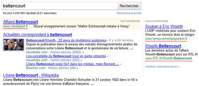 L'UMP a achete des mots-cles sur Google afin de soutenir Eric Woerth (C) Capture Le Point.fr