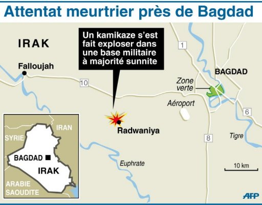 Dimanche, l'attentat le plus meurtrier a eu lieu vers 08H30 (05H30 GMT) quand un kamikaze s'est fait exploser au milieu de miliciens sunnites venus toucher leur paie dans une base militaire de Radwaniya, une localite a majorite sunnite a 25 kilometres a l'ouest de Bagdad.