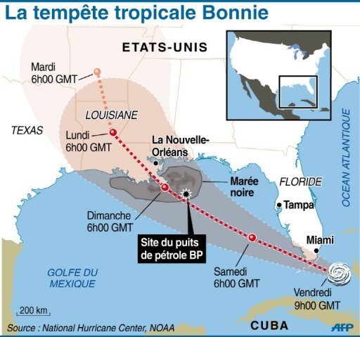 Apres avoir balaye la Floride, Bonnie se trouvait peu avant 03H00 GMT samedi dans l'est du golfe et se dirigeait vers l'ouest-nord-ouest a environ 28 kilometres a l'heure accompagnee de vents soufflant a 55 km/h, a indique le Centre national des ouragans (NHC) americain base a Miami.