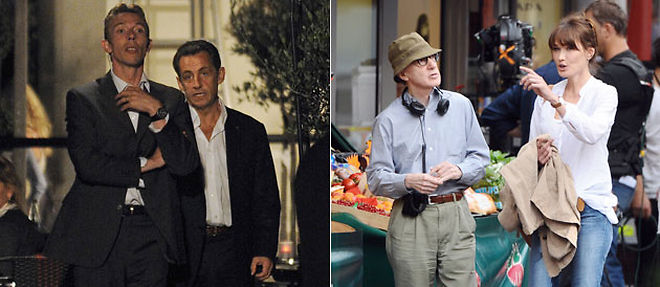 Woody Allen et Carla Bruni, le 27 juillet dans le 5e arrondissement de Paris pour le tournage de "Midnight in Paris". Le president de la republique, Nicolas Sarkozy (a gauche), les a rejoints en debut de soiree. (C)AFP/MAXXPP