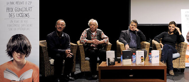 Thierry Beinstingel, Vassilis Alexakis, Fouad Laroui et Maylis de Kerangal (de gauche a droite) font partie des quatorze auteurs parmi lesquels sera choisi le 23e Prix Goncourt des lyceens (C) MAXPPP