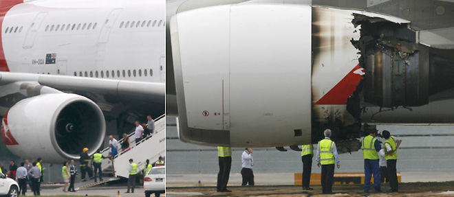 L'A380 accidente de Qantas presentait des trous d'un diametre si important qu'un individu pourrait s'y engouffrer. (C) Maxppp (montage Le Point.fr)