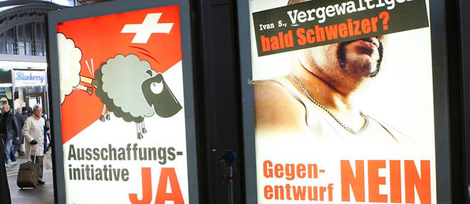 L'affiche de l'Union democratique du centre (UDC), montrant un visage barbu a la mine patibulaire, avec pour slogan "Ivan S., violeur et bientot suisse ?" a touche sa cible (C)Thierry Gachon/ Maxppp