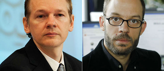 Julian Assange et Daniel Domscheit-Berg, alias Daniel Schmitt, etaient jusqu'a il y a peu cote a cote dans l'aventure WikiLeaks. Ils vont maintenant s'affronter... (C) Markus Schreibe, Rex Features / SIPA (montage Le Point.fr)
