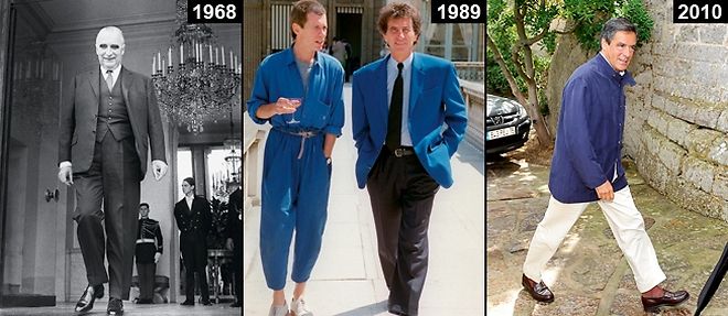 Georges Pompidou en 1968, Jack Lang avec Jean-Paul Goude en 1989, Francois Fillon cet ete : costume, veste bleu azur et veste forestiere