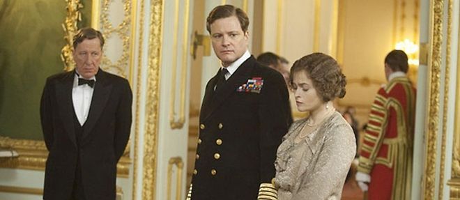 Geoffrey Rush, Colin Firth et Helena Bonham Carter dans "Le discours d'un roi", un film de Tom Hooper. 