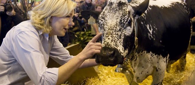 La presidente du FN Marine Le Pen et la vache vosgienne Candy, vedette du 48e Salon de l'agriculture.