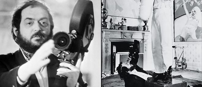 A gauche : le cineaste americain Stanley Kubrick. A dr. : Stanley Kubrick sur le tournage d'"Orange mecanique" (1971).