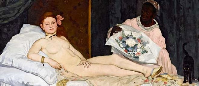 "Olympia", 1863. Le plus formidable scandale de l'histoire de la peinture parce que le tableau montrait une courtisane a laquelle un client satisfait fait livrer un somptueux bouquet.