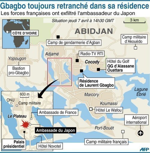 Vendredi, en milieu d'apres-midi et en debut de soiree, des combats a la mitrailleuse lourde et a l'arme legere ont encore fait rage dans le perimetre qui englobe la residence de M. Gbagbo, la RTI et l'ecole de gendarmerie.
