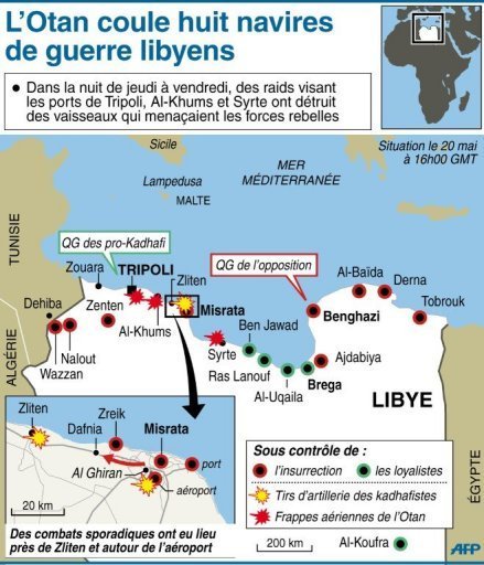 Les raids de l'Otan ont permis de stabiliser la ligne de demarcation sur le front Est, entre Brega et Ajdabiya, a 160 km au sud-ouest de la "capitale" rebelle Benghazi, et d'aider les insurges a desserrer l'etau autour de Misrata, la grande ville rebelle assiegee a 200 km a l'est de Tripoli.