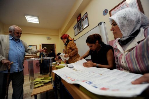 Le parti issu de la mouvance islamiste au pouvoir etait largement en tete avec 54,8% des voix aux elections legislatives qui se sont deroulees en Turquie dimanche, d'apres le decompte de 30% des bulletins de vote, selon la chaine d'information CNN-Turk