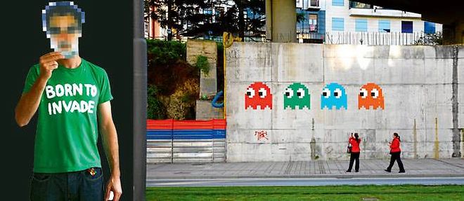 Le street artist francais Invader colonise incognito les murs des megapoles.