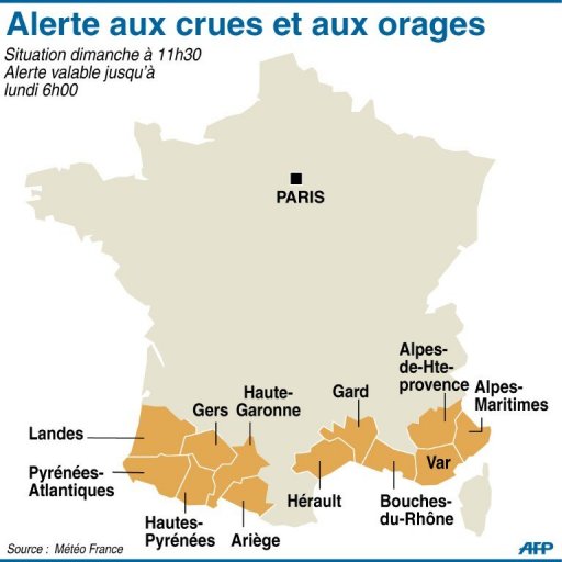 Six departements sont encore places en alerte orange jusqu'a dimanche soir par Meteo France en raison de fortes pluies et d'orages, a l'origine de crues et d'inondations qui ont necessite des interventions aupres de 2.300 personnes dans le Var et les Alpes-Maritimes.