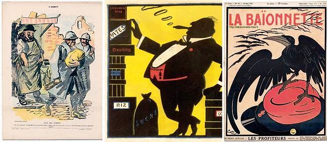 Cree en 1915, l'hebdomadaire satirique "La Baionnette" compte Apollinaire et Mac Orlan parmi ses contributeurs. Il fait la part belle aux dessinateurs, tels Jacques Nam (au centre) ou Hermann Paul (a gauche).