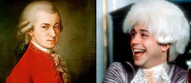 Portrait de Mozart (1756-1791), peint par Barbara Kraft en 1819. A droite : en 1984, Tom Hulce incarne Mozart dans "Amadeus", le film-culte de Milos Forman.