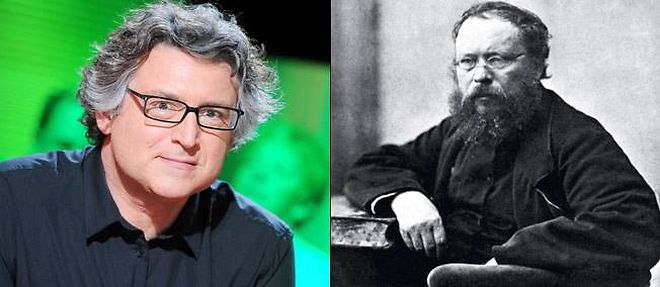 A droite : Michel Onfray, philosophe francais. A gauche : Pierre-Joseph Proudhon (photographie par Nadar) a Besancon (Doubs).