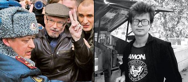A gauche : Edouard Limonov interpelle par la police, lors d'une manifestation de l'opposition, a Moscou, le 31 mars 2010. A droite : a Paris, en 1980, il a alors 37 ans.