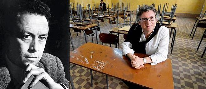 A gauche : Albert Camus sous l'objectif de Yousuf Karsh, vers 1959. A droite : Michel Onfray a Alger, debut novembre dans une salle de classe du lycee Bugeaud, ou Camus entra en 1924. 