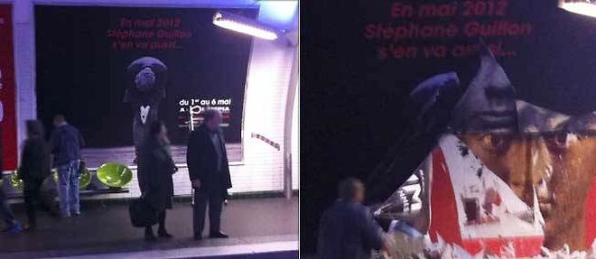 L'affiche du nouveau spectacle de Stephane Guillon n'aura ete visible que quelques heures, jeudi matin, dans le metro parisien.