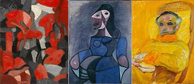 Francis Picabia, "l'Arbre rouge (Grimaldi apres la pluie)", vers 1912 ; Pablo Picasso, "Femme en bleu", 1944 ; Frantisek Kupka, "La Gamme jaune" (detail), 1907.