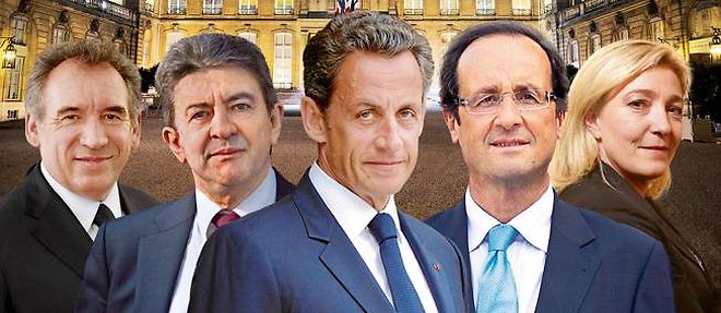 Les cinq principaux candidats a la presidentielle : Francois Bayrou, Jean-Luc Melenchon, Nicolas Sarkozy, Francois Hollande et Marine Le Pen.