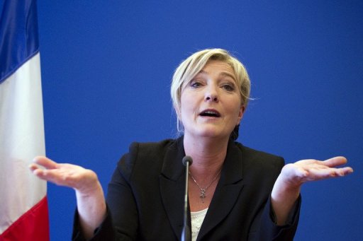 President of French far-right party Front National (FN) and candidate for the 2012 French presidential election Marine Le Pen speaks during a press conference on April 10, 2012 in Nanterre, near Paris. AFP PHOTO/JOEL SAGET