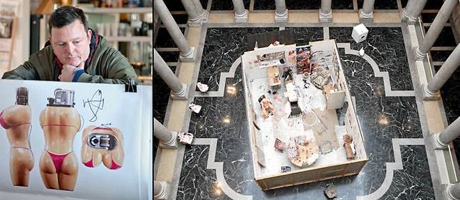 A gauche : Urs Fischer dans son atelier new-yorkais de Brooklyn, en 2010, devant un carton preparatoire. Tres organise, l'artiste suisse emploie une quinzaine d'assistants. A droite : une reconstitution de l'atelier londonien d'Urs Fischer exposee dans l'atrium du Palazzo  Grassi, a Venise. "Une maniere de souhaiter la bienvenue au visiteur", dit l'artiste.