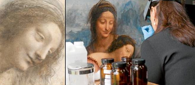 A gauche : "Etude pour la tete de la Vierge" vers 1507-1510. A droite : octobre 2011, dans l'atelier des musees de France, la restauratrice Cinzia Pasquali ressuscite "La Vierge a l'enfant avec sainte Anne".