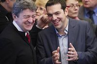 Alexis Tsipras a Paris, lundi, en compagnie de Jean-Luc Melenchon, lors de leur conference de presse commune. (C)Joel Saget