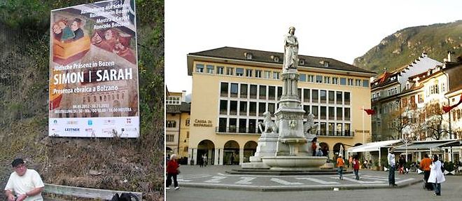 A gauche : l'affiche de l'exposition "Simon und Sarah in Bozen". A droite : la ville de Bozen, dans le Tyrol du Sud italien.