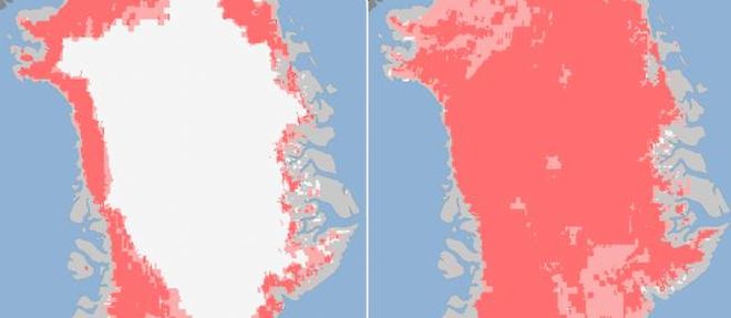 Comparaison de la calotte glaciaire du Groenland au 8 juillet 2012 (a gauche) et au 12 juillet 2012 (a droite).
