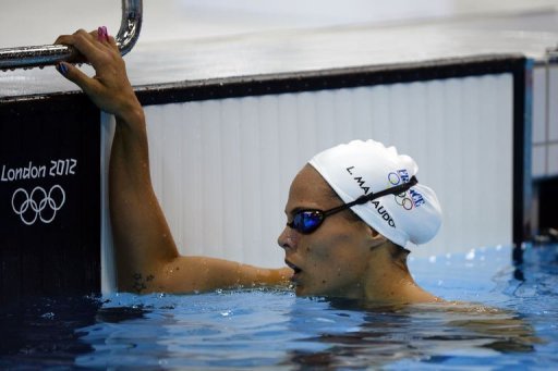 Series 100 m dos dames - LAURE MANAUDOU ELIMINEE ! La Francaise finit derniere de sa serie remportee par l'Americaine Missy Franklin. Avec un temps de 1:01.03, Manaudou n'a pu se faire une place parmi les 16 nageuses qualifiees pour les demi-finales.