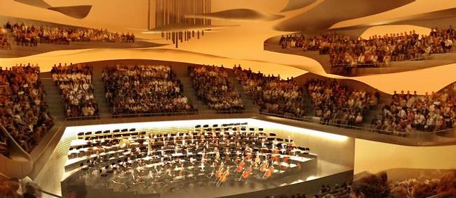 La salle principale dessinee par l'architecte Jean Nouvel accueillera 2 400 amateurs ou fins connaisseurs de la musique symphonique.