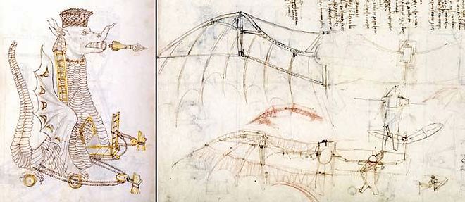 A g. : imaginee par Roberto Valturio en 1470, l'"Arabica machina" est une machine de guerre arabe en forme de dragon avec des fleches geantes sortant de la bouche. Leonard de Vinci, tres interesse par la guerre, s'inspirera des dessins de cet ingenieur militaire. A dr. : fascine par le vol, Leonard de Vinci entreprend un travail rigoureux base sur l'observation, le dessin, la maquette (ici, celle du planeur) dans le but de construire une machine permettant a l'homme de voler.