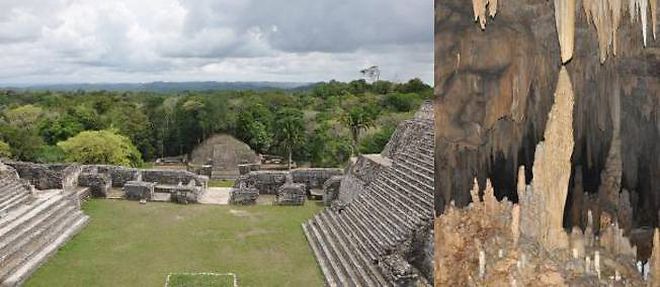 Les stalagmites de la grotte de Yok Balum (a droite) ont permis de retracer le climat pluviometrique de la region ou se sont epanouies les cites mayas, sur pres de 2 000 ans.