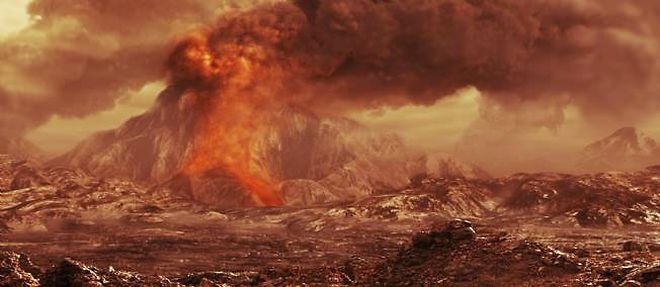 Representation artistique d'une eruption volcanique sur la planete Venus.