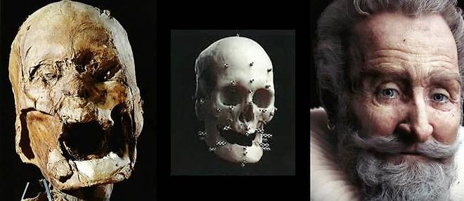 A droite : image reconstituee par Philippe Froesch (Visualforensic) a partir de la tete momifiee d'Henri IV retrouvee par Stephane Gabet et authentifiee par l'equipe du Dr Philippe Charlier.