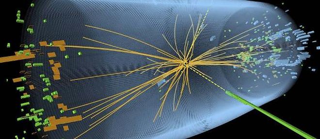 Representation graphique d'une collision proton-proton realisee dans un accelerateur de particules pour faire apparaitre le boson de Higgs.