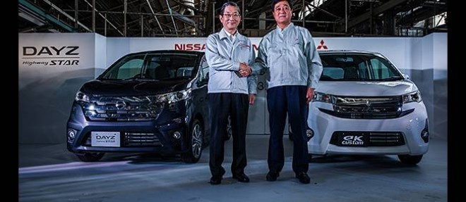 Pas d'autres cooperations entre Renault et Mitsubishi que celles, deja existantes, avec Nissan et au strict plan local nippon. Comme ici l'inauguration de la fabrication par Mitsubishi de cette Nissan DayZ, vendue aussi sous le nom de Ek par Mitsubishi.