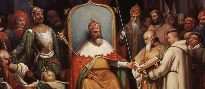 Charlemagne recevant a sa cour le clerc et poete Flaccus Alcuin.