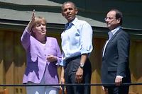 Angela Merkel, Barack Obama et François Hollande, lors du sommet du G8, le 19 mai 2012 à Camp David. ©BRENDAN SMIALOWSKI