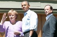 Angela Merkel, Barack Obama et François Hollande lors du sommet du G8 à Camp David le 19 mai 2012. ©Nicholas Kamm