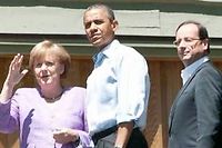 Angela Merkel, Barack Obama et François Hollande lors du sommet du G8 à Camp David le 19 mai 2012. ©Nicholas Kamm