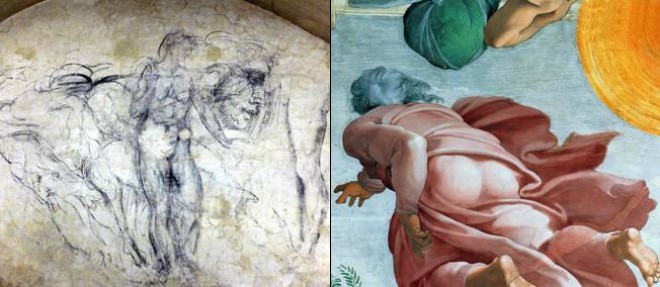 Dans le dessin a gauche, on devine un detail emprunte a la fresque "La creation du Soleil et de la Lune" (1508-1512) de la Chapelle Sixtine.