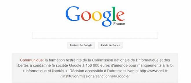 Google a mis en ligne samedi sur sa page d'accueil francaise un encart mentionnant sa condamnation a une amende record de 150 000 euros par la Cnil.