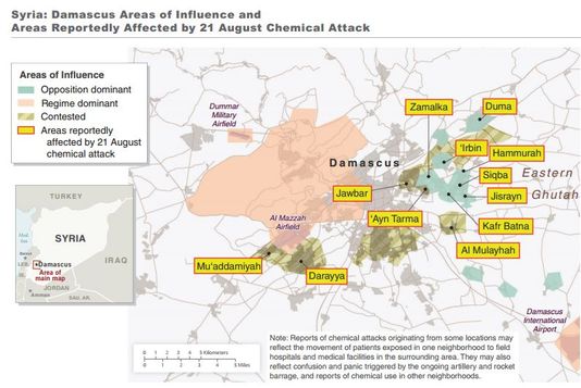 Carte rendue publique par la Maison-Blanche le 30 août 2013, sur laquelle s'est basé John Kerry pour accuser Damas de l'attaque de la Ghouta (© White House) : ©  © White House