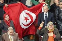Des membres de l'Assemblée constituante tunisienne célèbrent l'adoption d'une nouvelle Constitution, le 26 janvier 2014 à Tunis. ©Aimen Zine / AP/Sipa